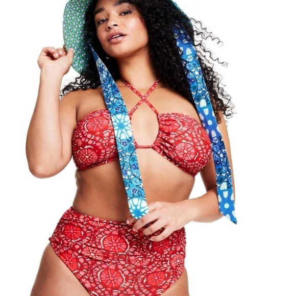 Nwt Zinnia Floral Print High Waist Medium Coverage Bikini Bottom RHODE Red 1X - Picture 4 of 9